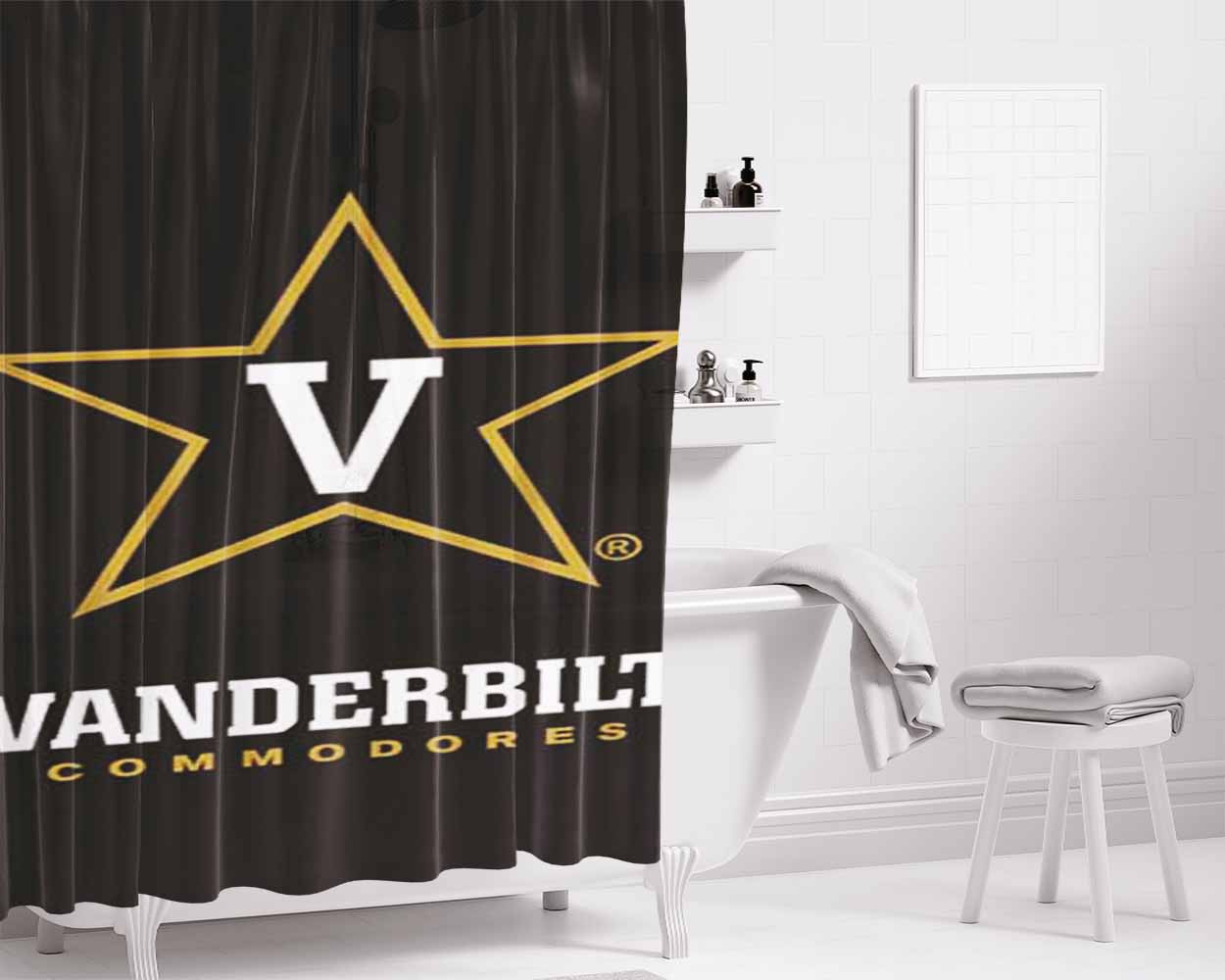 Vanderbilt Commodores Logo On Blk Bathroom Shower Curtain Fabric Waterproof | 66 X 72 Inch