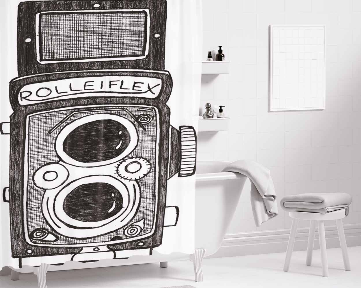 Vintage Art Rolleiflex Free Hand Bathroom Shower Curtain Fabric Waterproof | 66 X 72 Inch