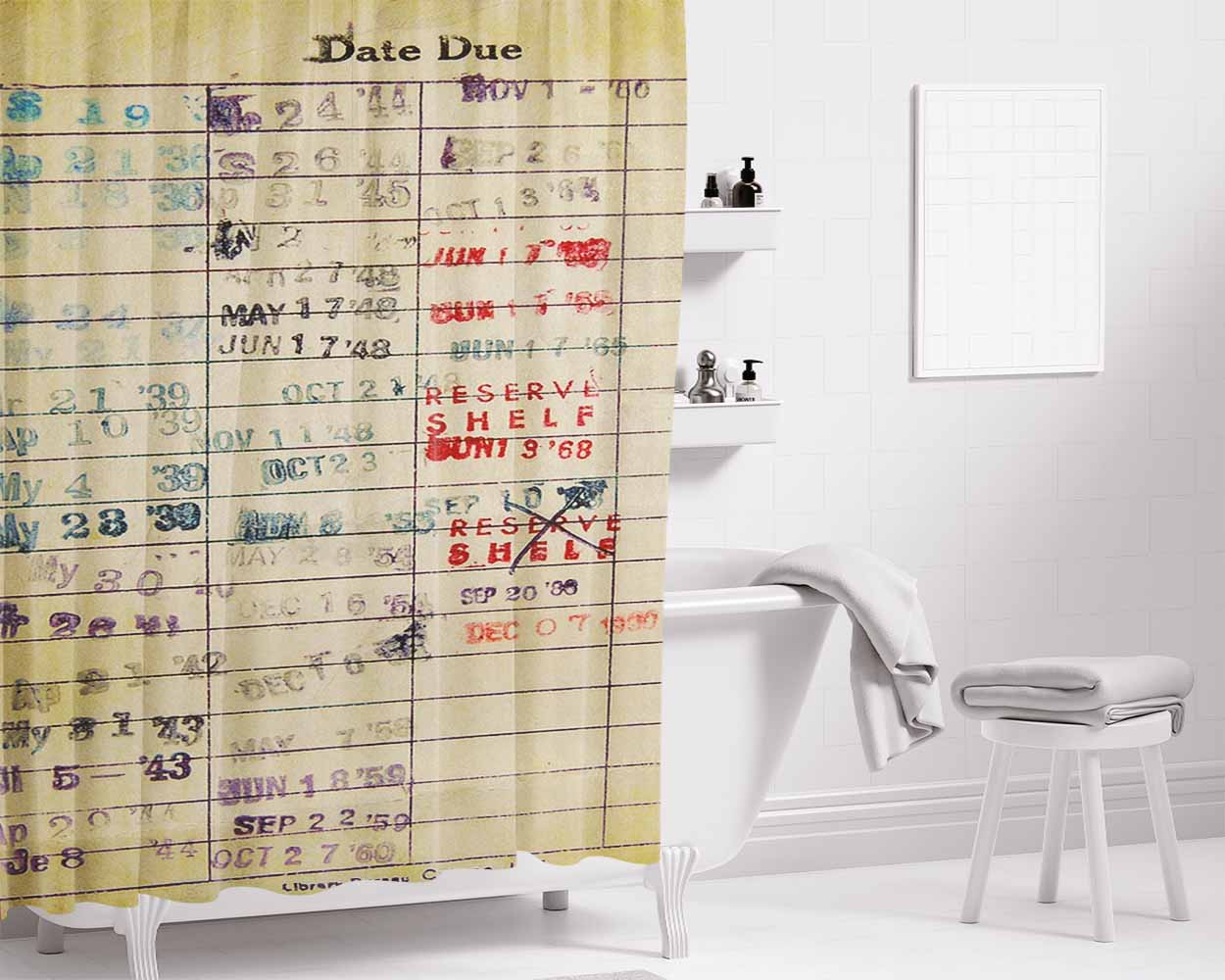 Vintage Library Card Date Due Bathroom Shower Curtain Fabric Waterproof | 66 X 72 Inch