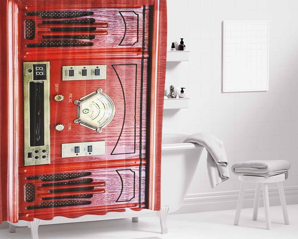 Vintage Retro Red Radio Bathroom Shower Curtain Fabric Waterproof | 66 X 72 Inch