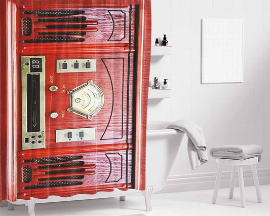 Vintage Retro Red Radio Bathroom Shower Curtain Fabric Waterproof | 66 X 72 Inch