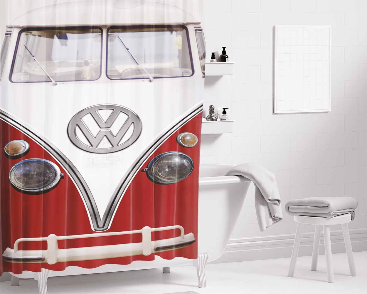 Vintage Vw Bus Red Refrigerator Wrap Bathroom Shower Curtain Fabric Waterproof | 66 X 72 Inch