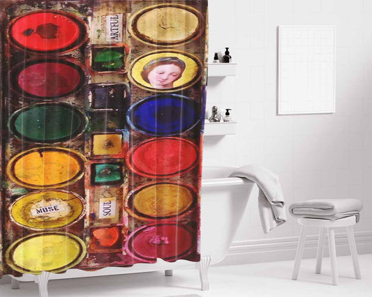 Vintage Water Color Palette Bathroom Shower Curtain Fabric Waterproof | 66 X 72 Inch