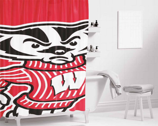 Wisconsin Badgers Logo Red Bathroom Shower Curtain Fabric Waterproof | 66 X 72 Inch