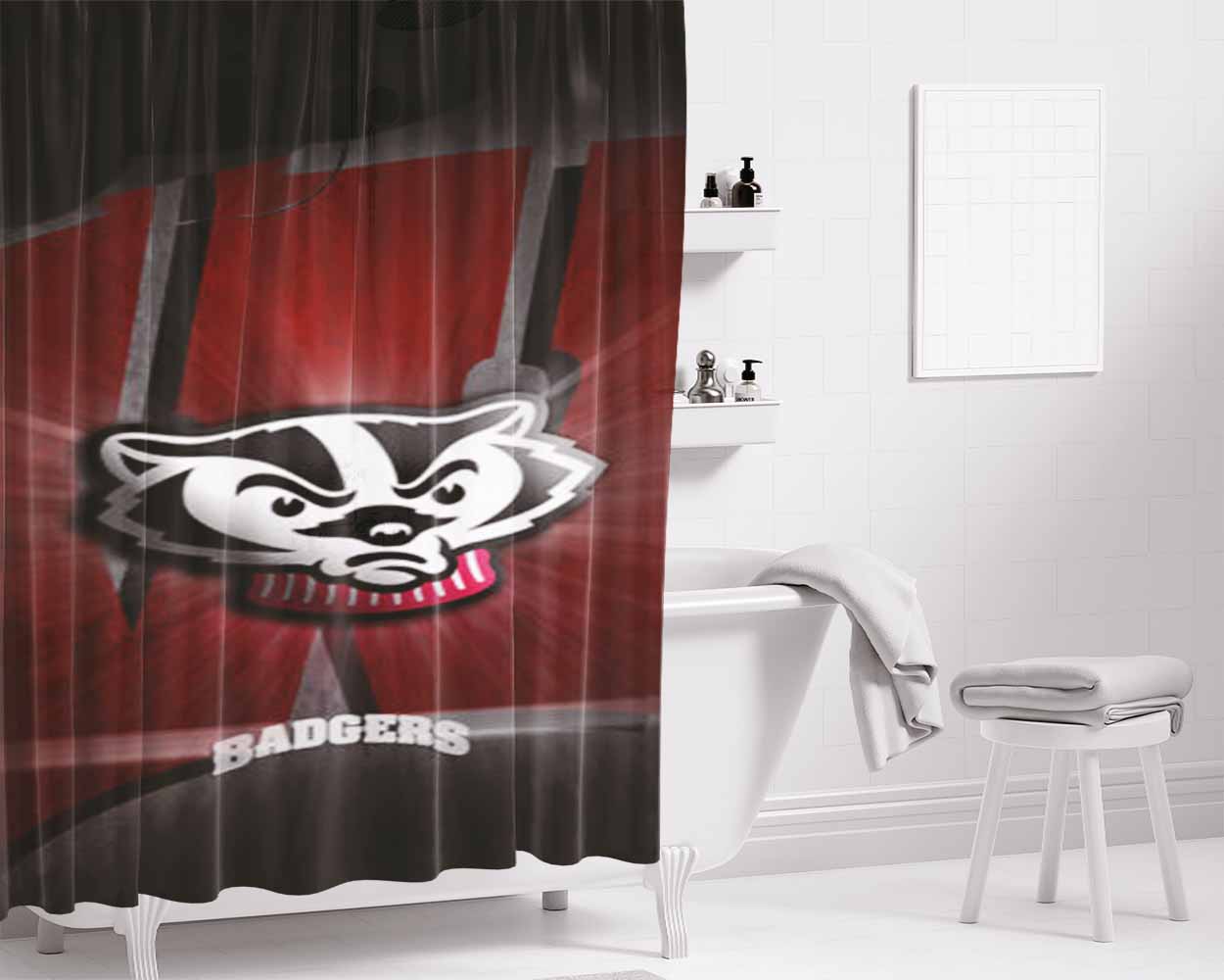 Wisconsin Badgers Logo Bathroom Shower Curtain Fabric Waterproof | 66 X 72 Inch