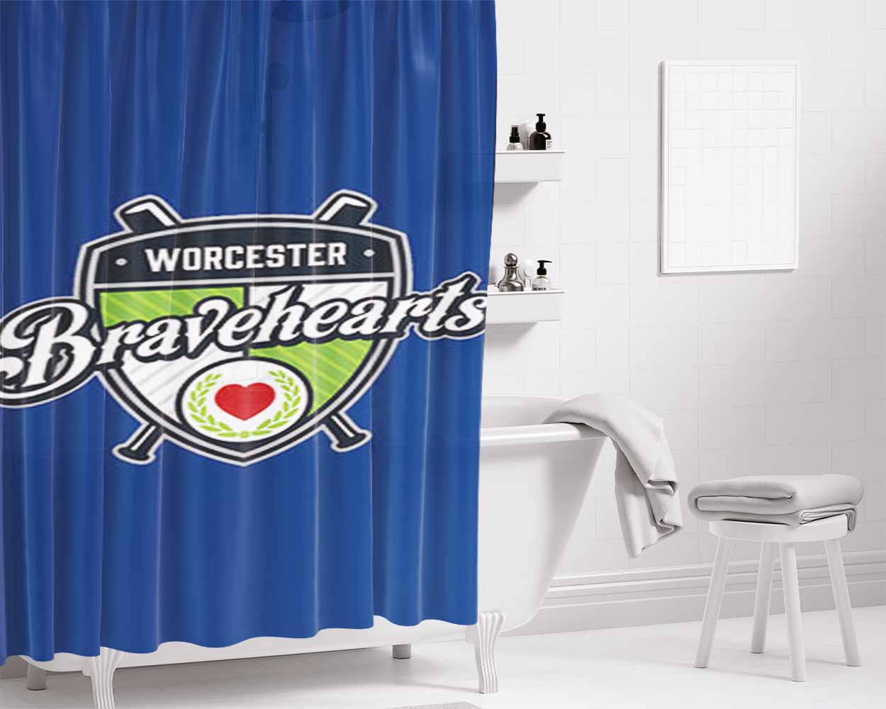 Worcester Bravehearts Baseball Logo Blue Bathroom Shower Curtain Fabric Waterproof | 66 X 72 Inch