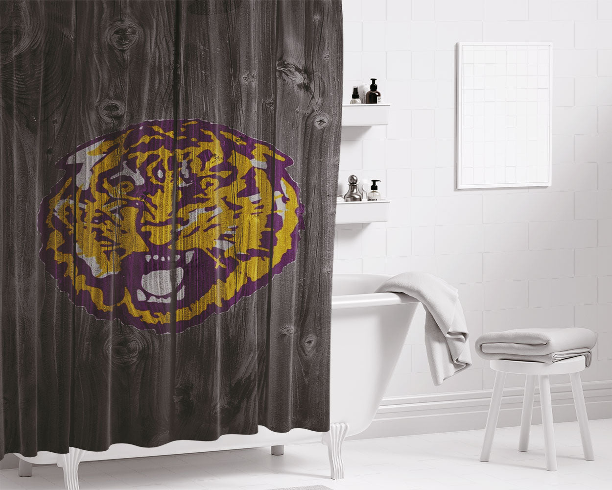 Lsu Tiger Purple Logo Dark Wood Wallpaper Bathroom Shower Curtain Fabric Waterproof | 66 X 72 Inch