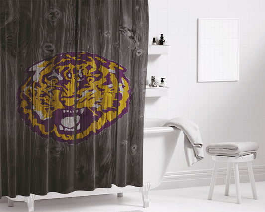 Personalized Lsu Tiger Purple Logo Dark Wood Wallpaper Shower Curtain Farmhouse Bathroom Decor