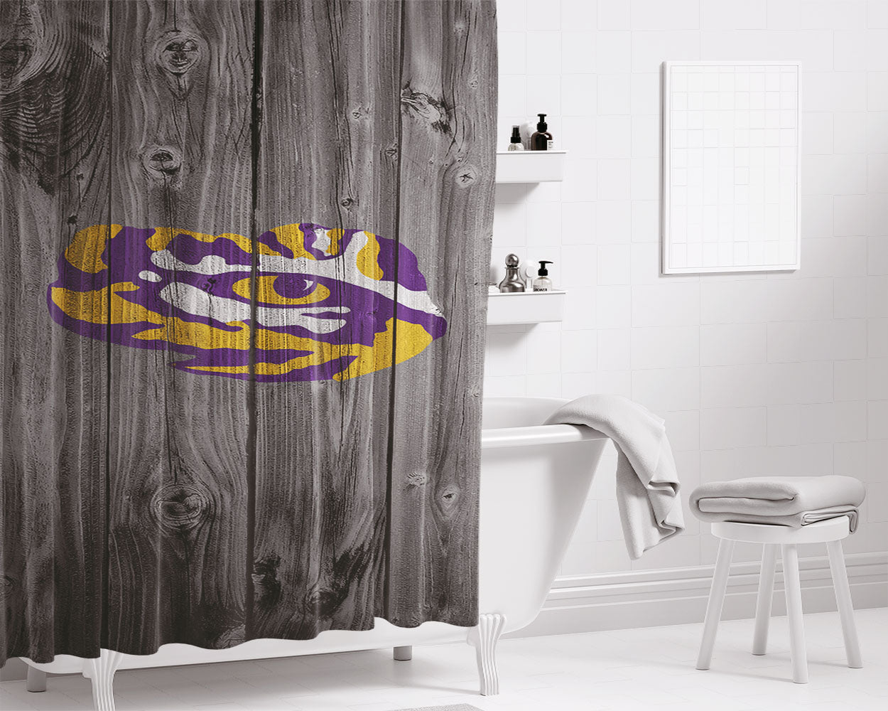 Lsu Tigers Nfl Eye Of The Tiger Logo Dark Wood Wallpaper Bathroom Shower Curtain Fabric Waterproof | 66 X 72 Inch