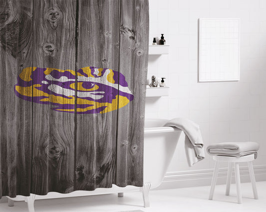 Personalized Lsu Tigers Nfl Eye Of The Tiger Logo Dark Wood Wallpaper Shower Curtain Farmhouse Bathroom Decor