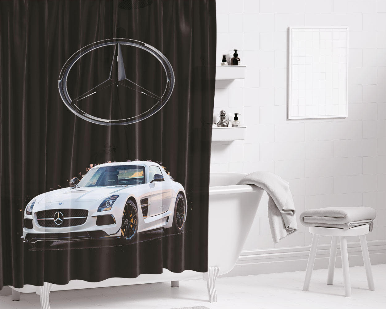 Mercedes Benz Logo Racing Amg Car Sports Bathroom Shower Curtain Fabric Waterproof | 66 X 72 Inch