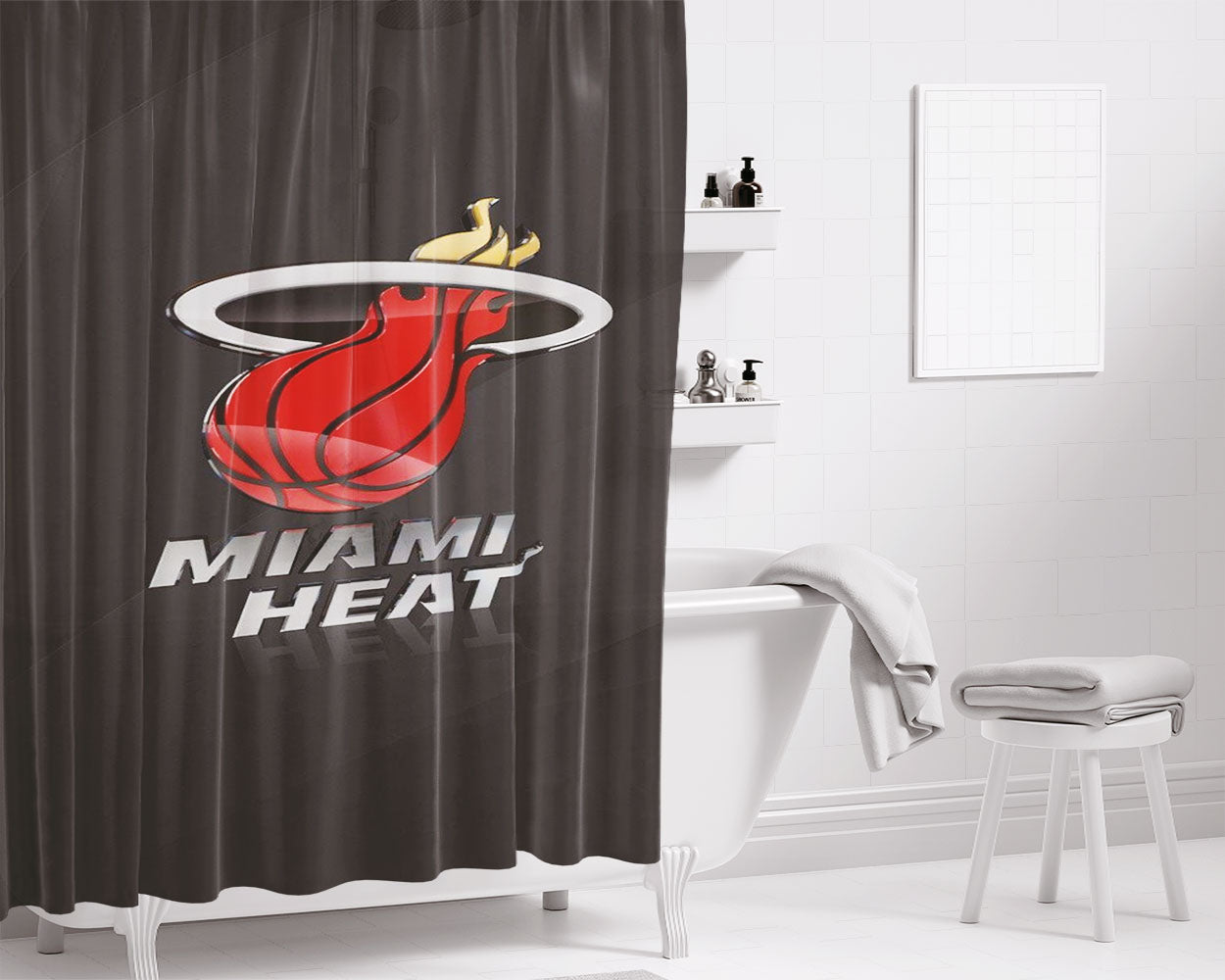 Miami Heat Basketball Team 3D Logo Wallpaper Bathroom Shower Curtain Fabric Waterproof | 66 X 72 Inch