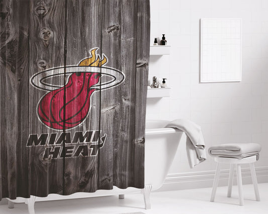 Personalized Miami Heat Nba Logo Dark Wood Wallpaper Shower Curtain Farmhouse Bathroom Decor