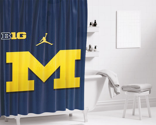 Personalized Michigan Wolverines Blue Logo Shower Curtain Farmhouse Bathroom Decor