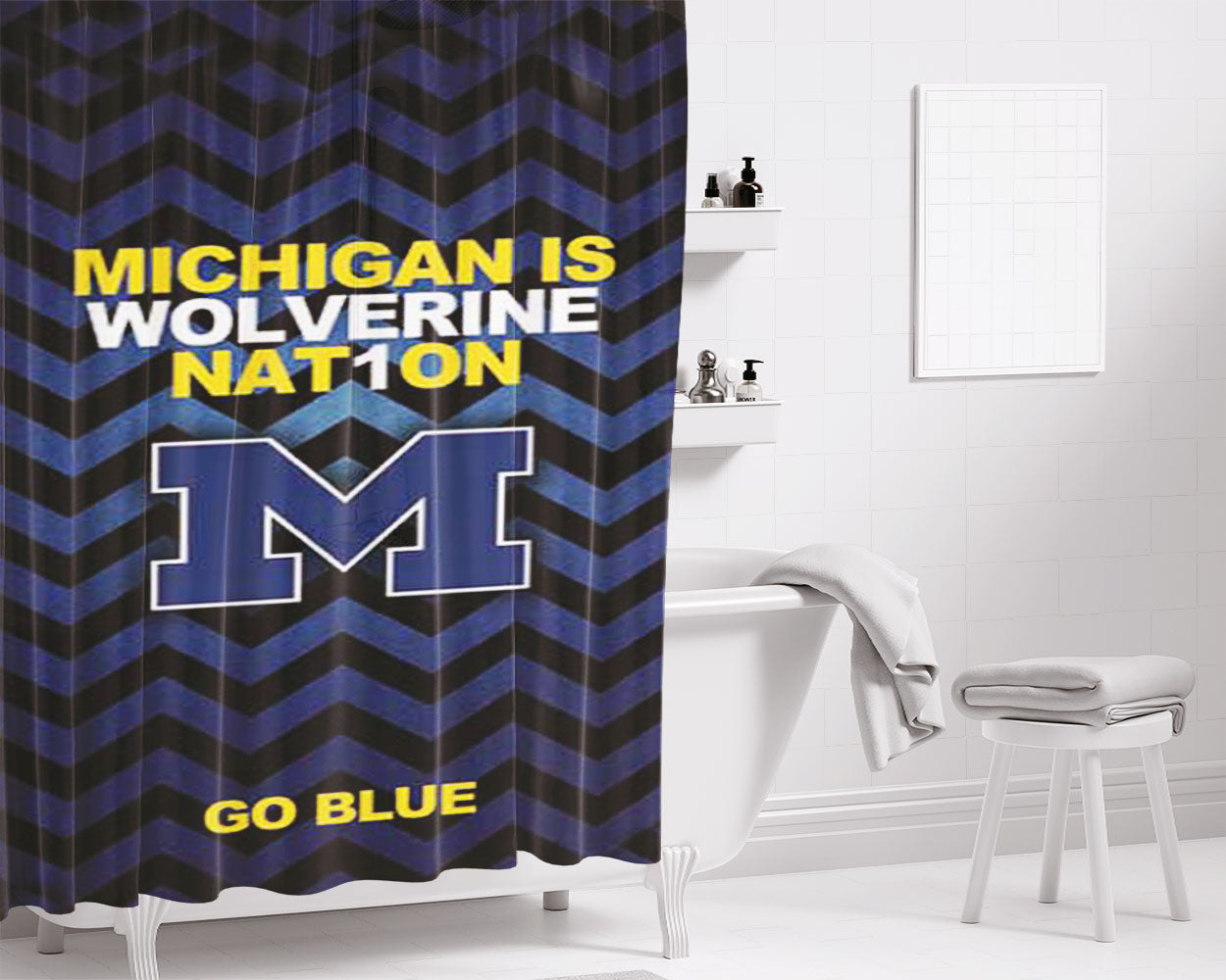 Michigan Wolverines Logo Stripes Go Blue Bathroom Shower Curtain Fabric Waterproof | 66 X 72 Inch