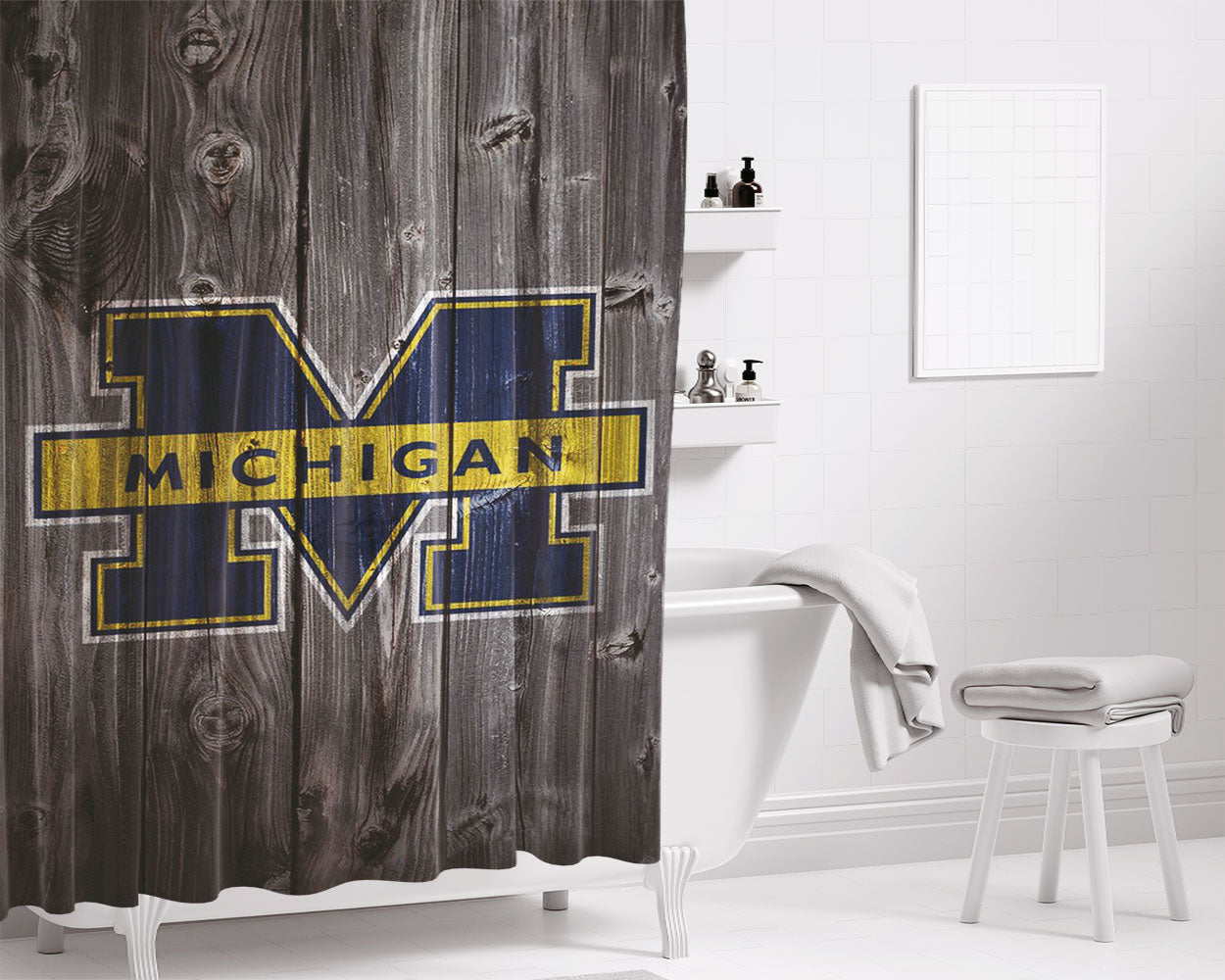 Michigan Wolverines University Logo Dark Wood Wallpaper Bathroom Shower Curtain Fabric Waterproof | 66 X 72 Inch