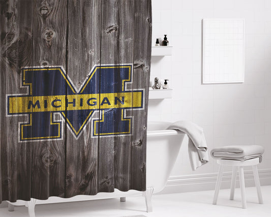 Personalized Michigan Wolverines University Logo Dark Wood Wallpaper Shower Curtain Farmhouse Bathroom Decor