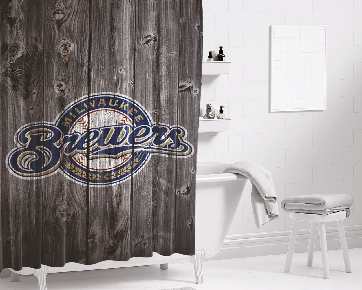 Milwaukee Brewers Mlb Logo Dark Wood Wallpaper Bathroom Shower Curtain Fabric Waterproof | 66 X 72 Inch