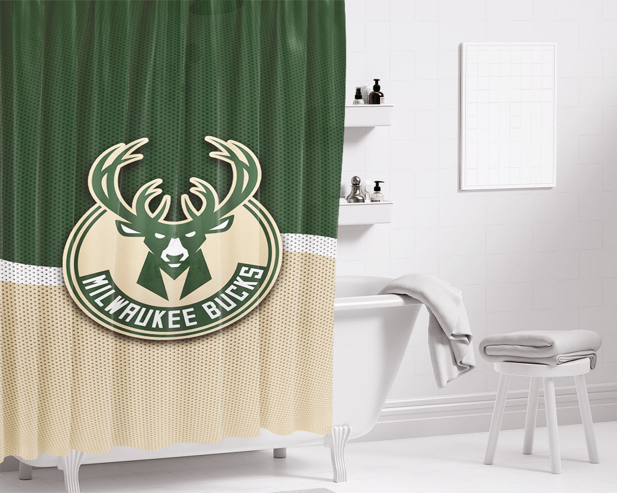 Milwaukee Bucks Basketball Team Logo Bathroom Shower Curtain Fabric Waterproof | 66 X 72 Inch
