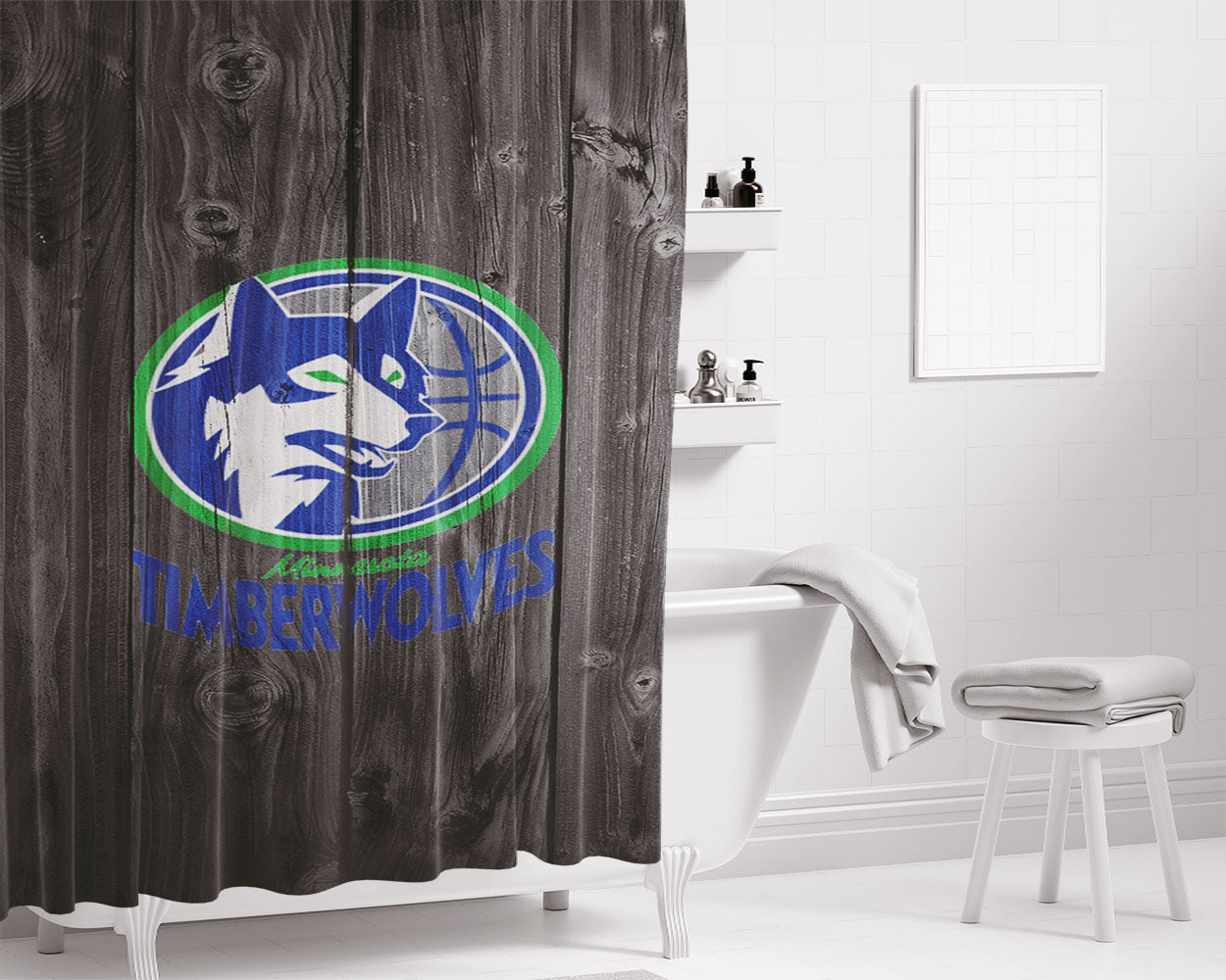 Minnesota Timberwolves Logo Dark Wood Wallpaper Bathroom Shower Curtain Fabric Waterproof | 66 X 72 Inch