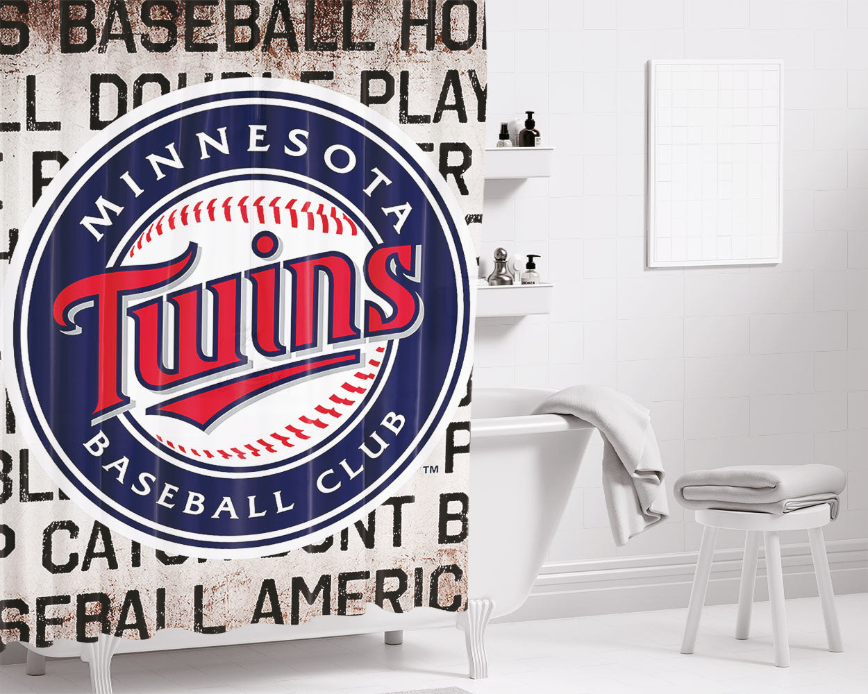 Minnesota Twins Baseball Club Font Doodle Bathroom Shower Curtain Fabric Waterproof | 66 X 72 Inch