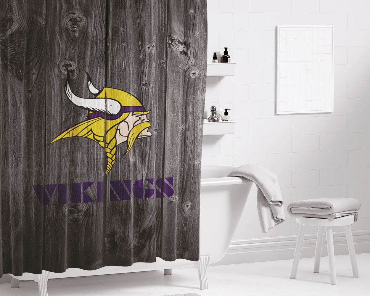 Minnesota Vikings Nfl Logo Dark Wood Wallpaper Bathroom Shower Curtain Fabric Waterproof | 66 X 72 Inch