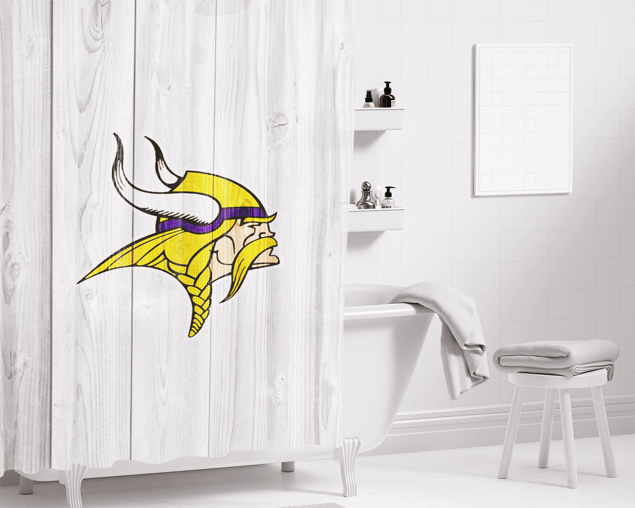 Minnesota Vikings Nfl Logo White Wood Bathroom Shower Curtain Fabric Waterproof | 66 X 72 Inch