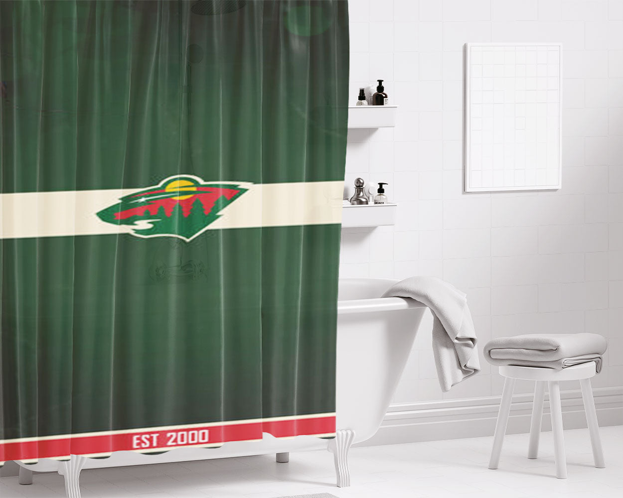 Minnesota Wild Est 2000 Bathroom Shower Curtain Fabric Waterproof | 66 X 72 Inch