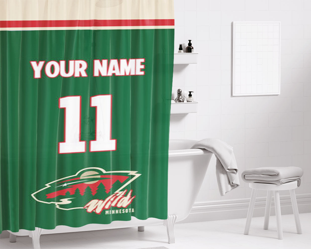 Minnesota Wild Personalized Name Bathroom Shower Curtain Fabric Waterproof | 66 X 72 Inch