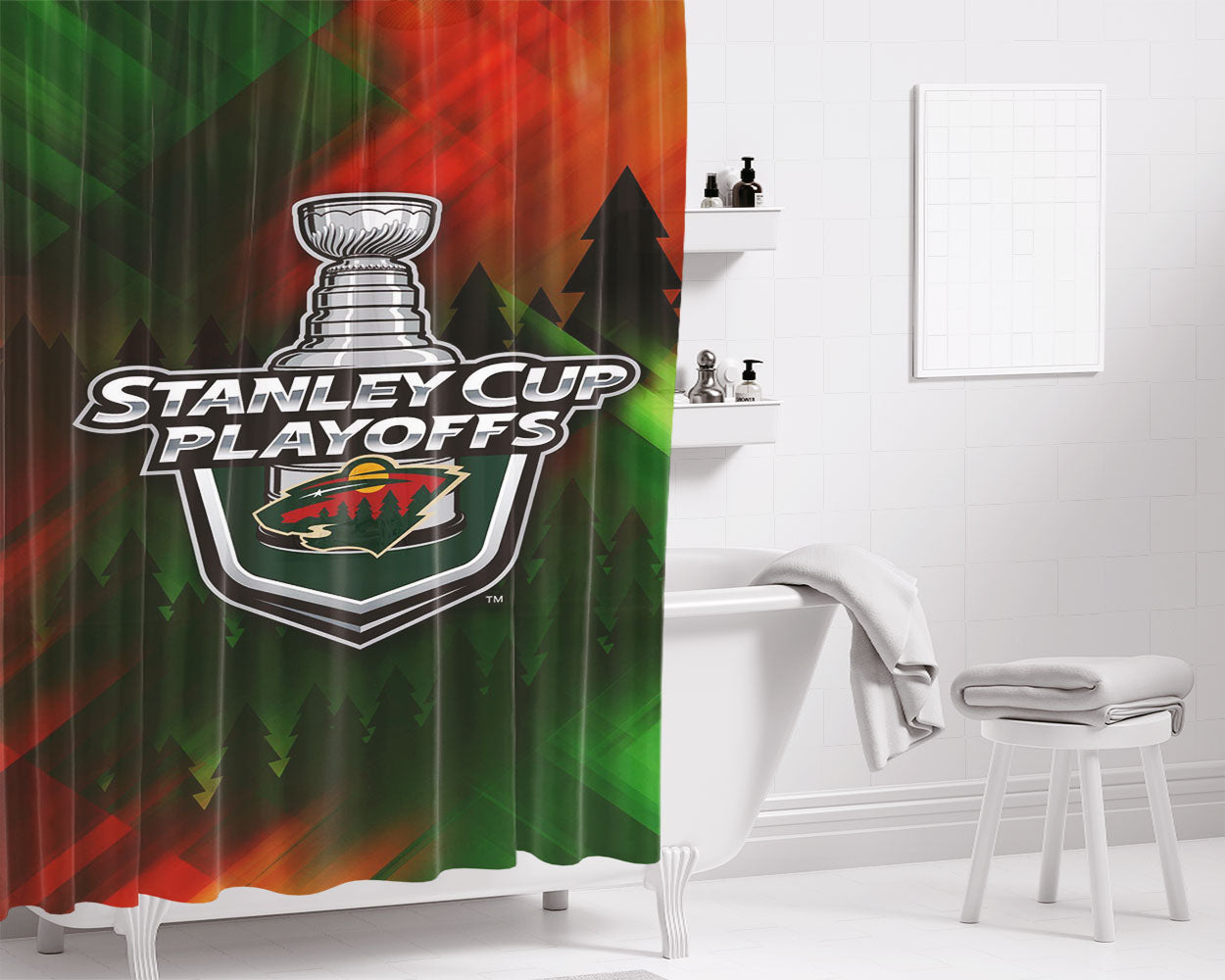 Minnesota Wild Playoff Bathroom Shower Curtain Fabric Waterproof | 66 X 72 Inch