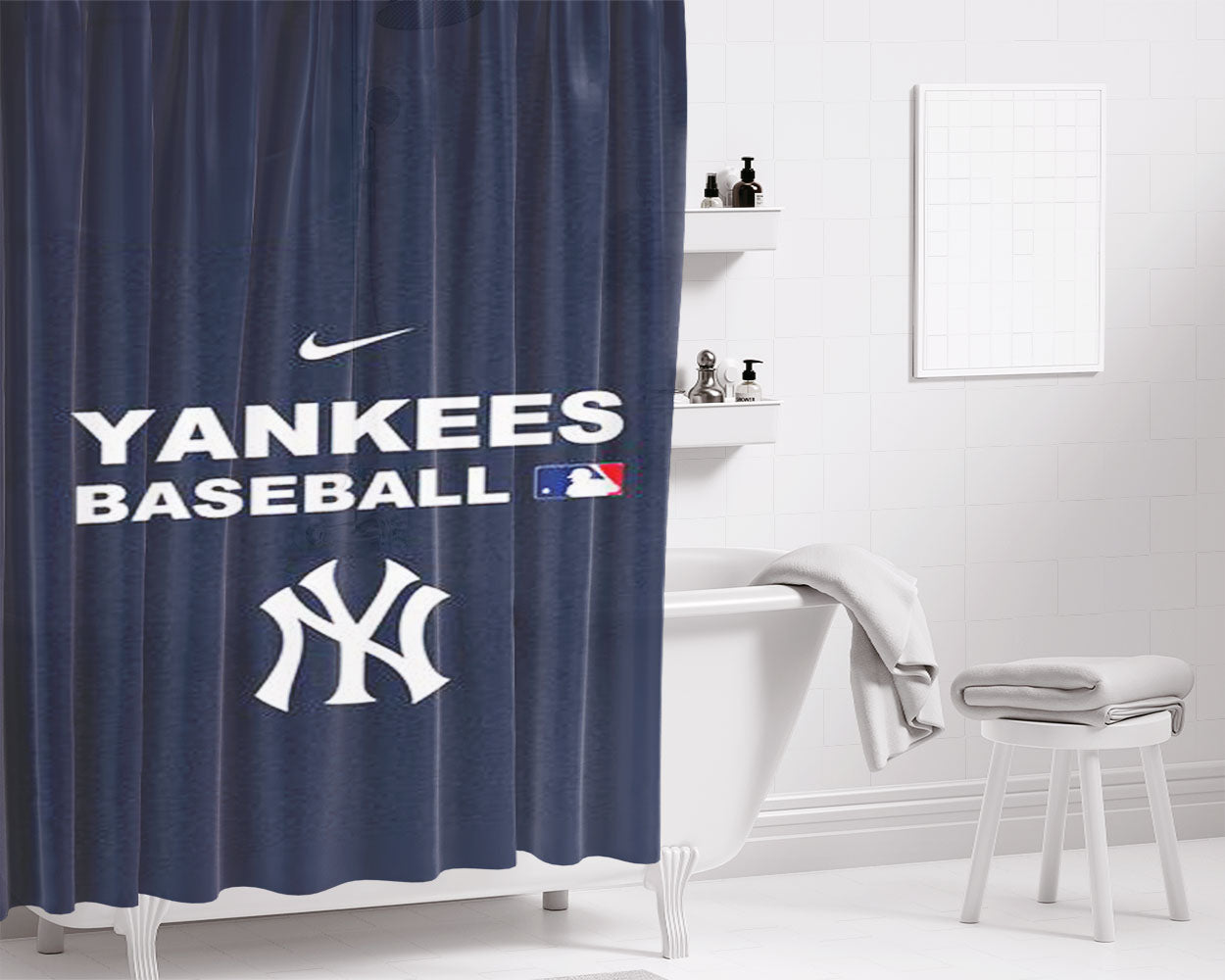 Mlb Yankees Navy Nike Bathroom Shower Curtain Fabric Waterproof | 66 X 72 Inch