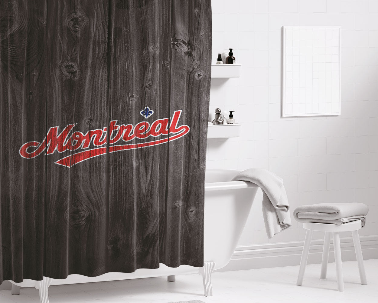 Montreal Mlb Logo Dark Wood Wallpaper Bathroom Shower Curtain Fabric Waterproof | 66 X 72 Inch