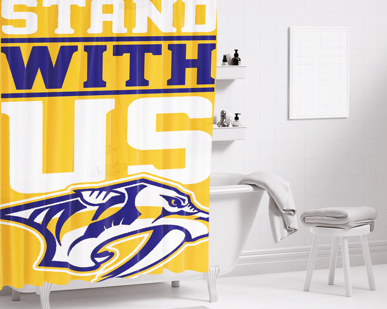 Nashville Predators Stand With Us Yellow Bathroom Shower Curtain Fabric Waterproof | 66 X 72 Inch