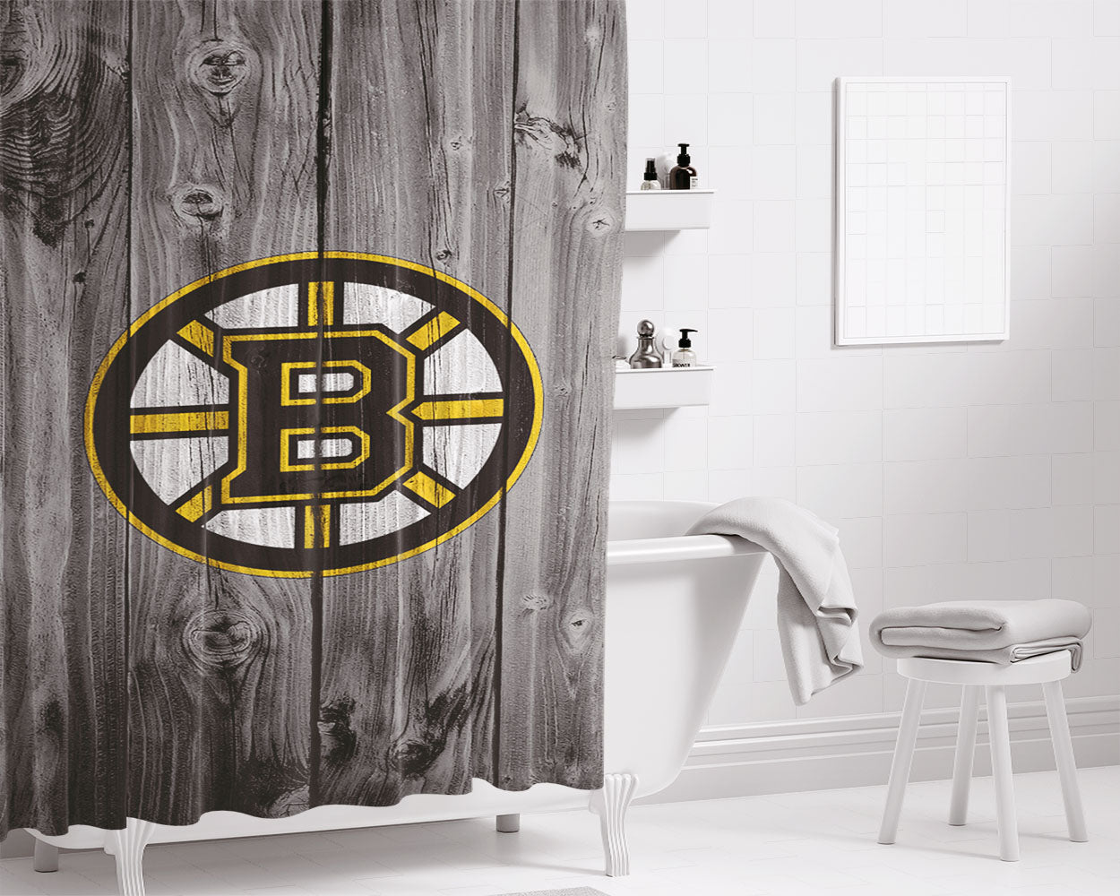 New Boston Bruins Logo Dark Wood Wallpaper Bathroom Shower Curtain Fabric Waterproof | 66 X 72 Inch