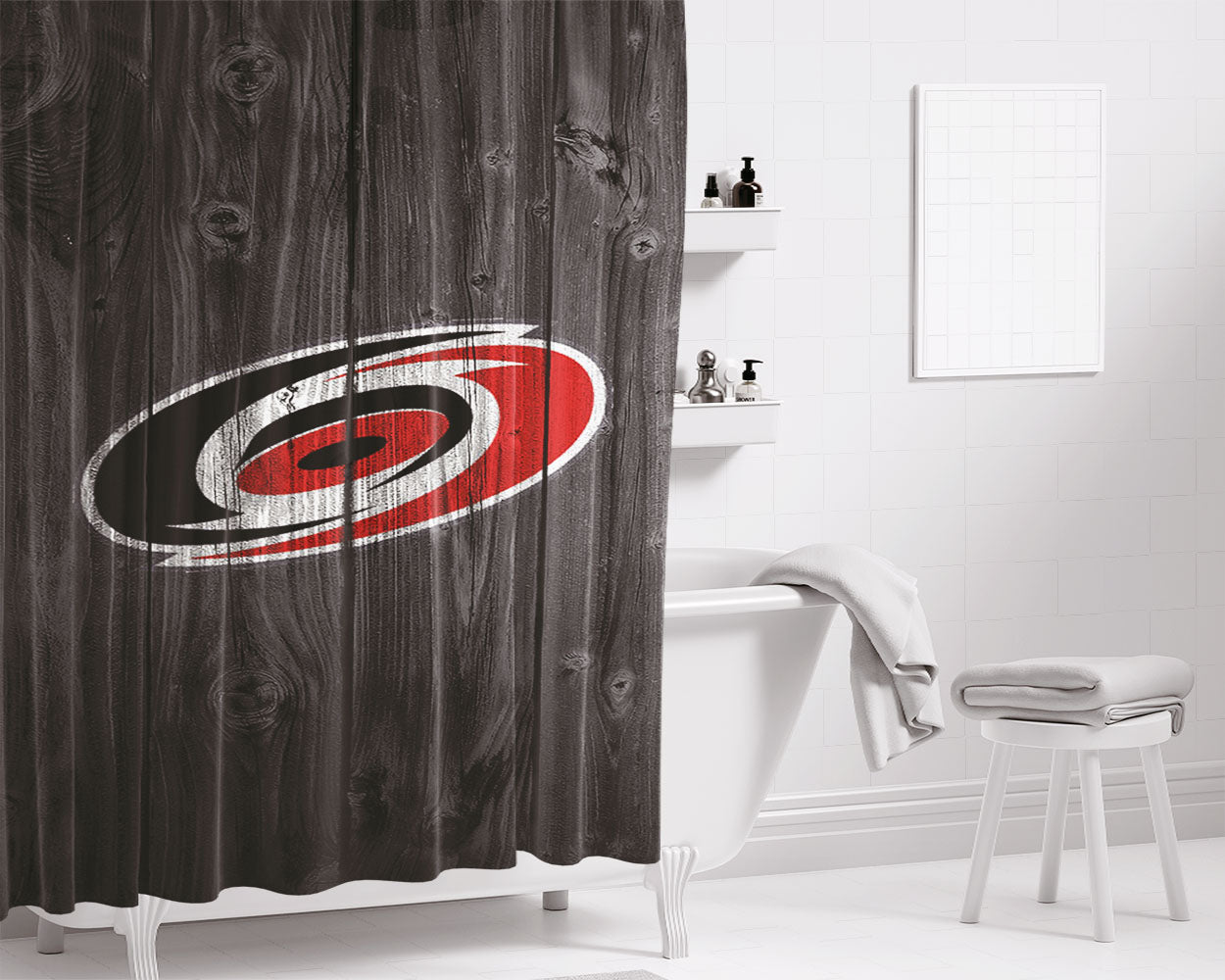 New Carolina Hurricanes Nhl Logo Dark Wood Wallpaper Bathroom Shower Curtain Fabric Waterproof | 66 X 72 Inch