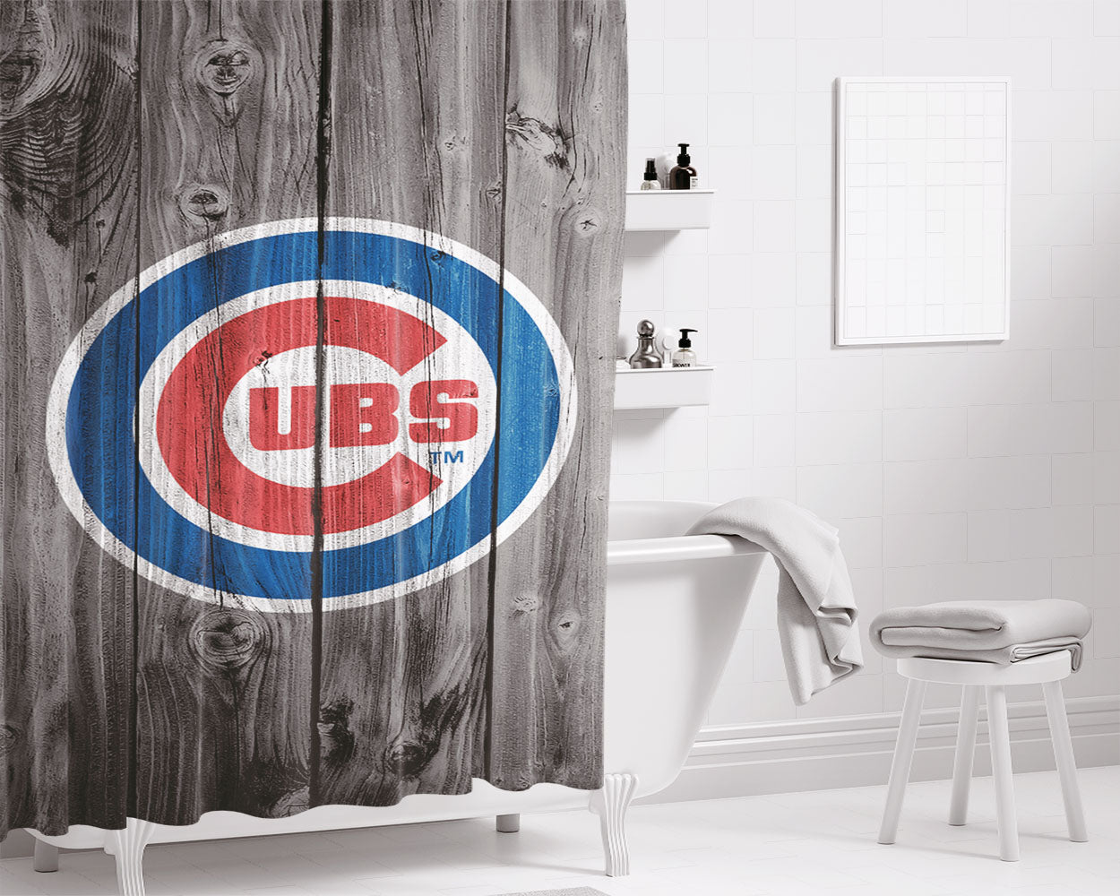 New Chicago Cubs Mlb Logo Dark Wood Wallpaper Bathroom Shower Curtain Fabric Waterproof | 66 X 72 Inch
