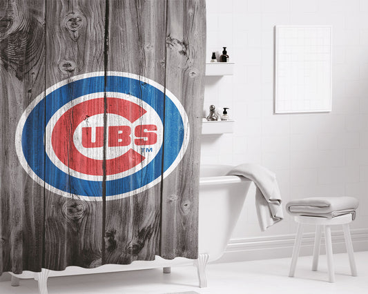 Personalized New Chicago Cubs Mlb Logo Dark Wood Wallpaper Shower Curtain Farmhouse Bathroom Decor