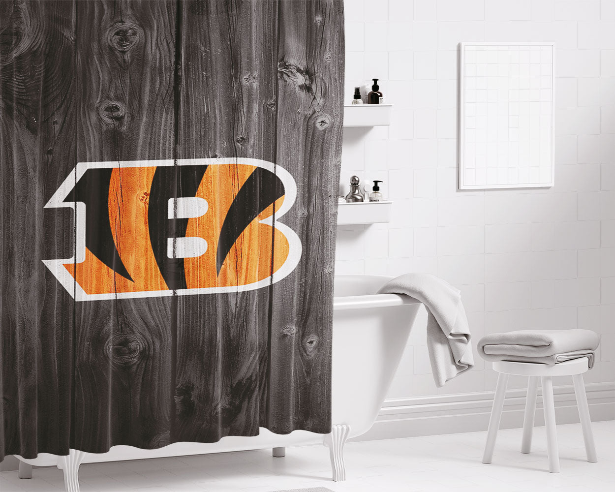 New Cincinnati Bengals Nfl Logo Dark Wood Wallpaper Bathroom Shower Curtain Fabric Waterproof | 66 X 72 Inch