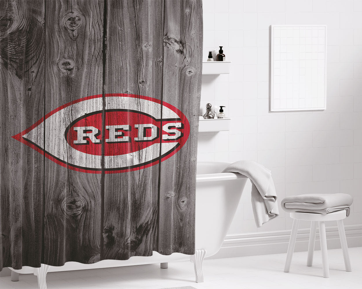 New Cincinnati Reds Mlb Logo Dark Wood Wallpaper Bathroom Shower Curtain Fabric Waterproof | 66 X 72 Inch