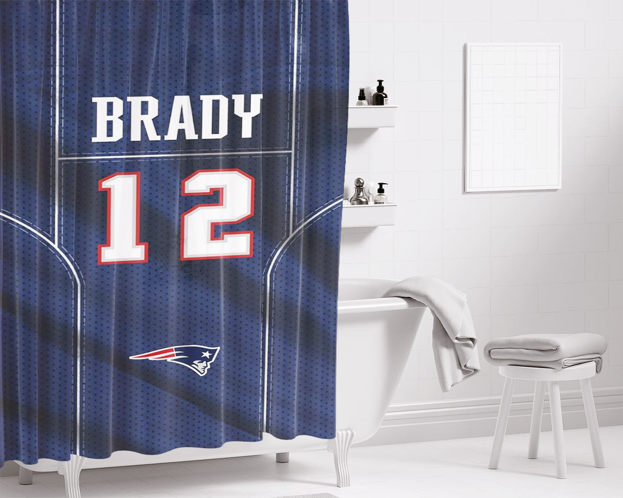 New England Patriots Brady Jersey Bathroom Shower Curtain Fabric Waterproof | 66 X 72 Inch