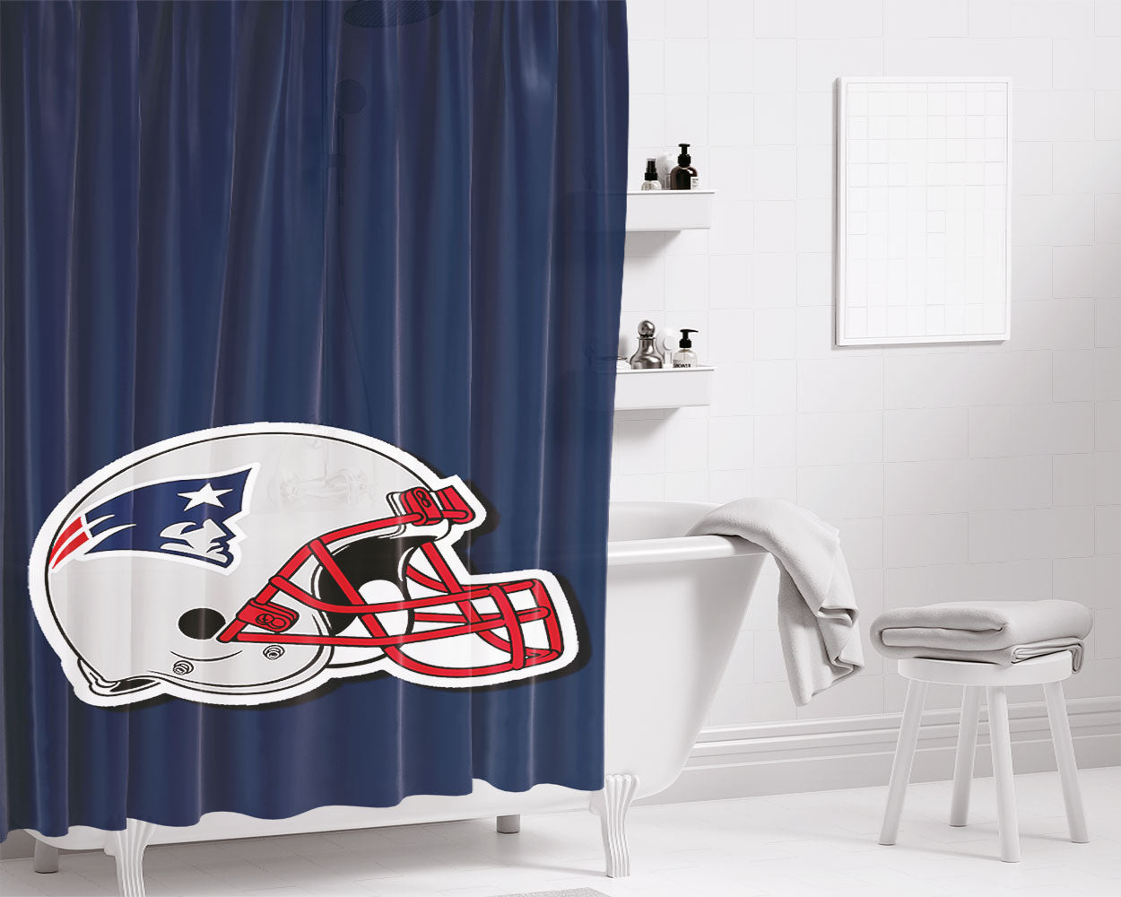 New England Patriots Football Helmet Painting Bathroom Shower Curtain Fabric Waterproof | 66 X 72 Inch
