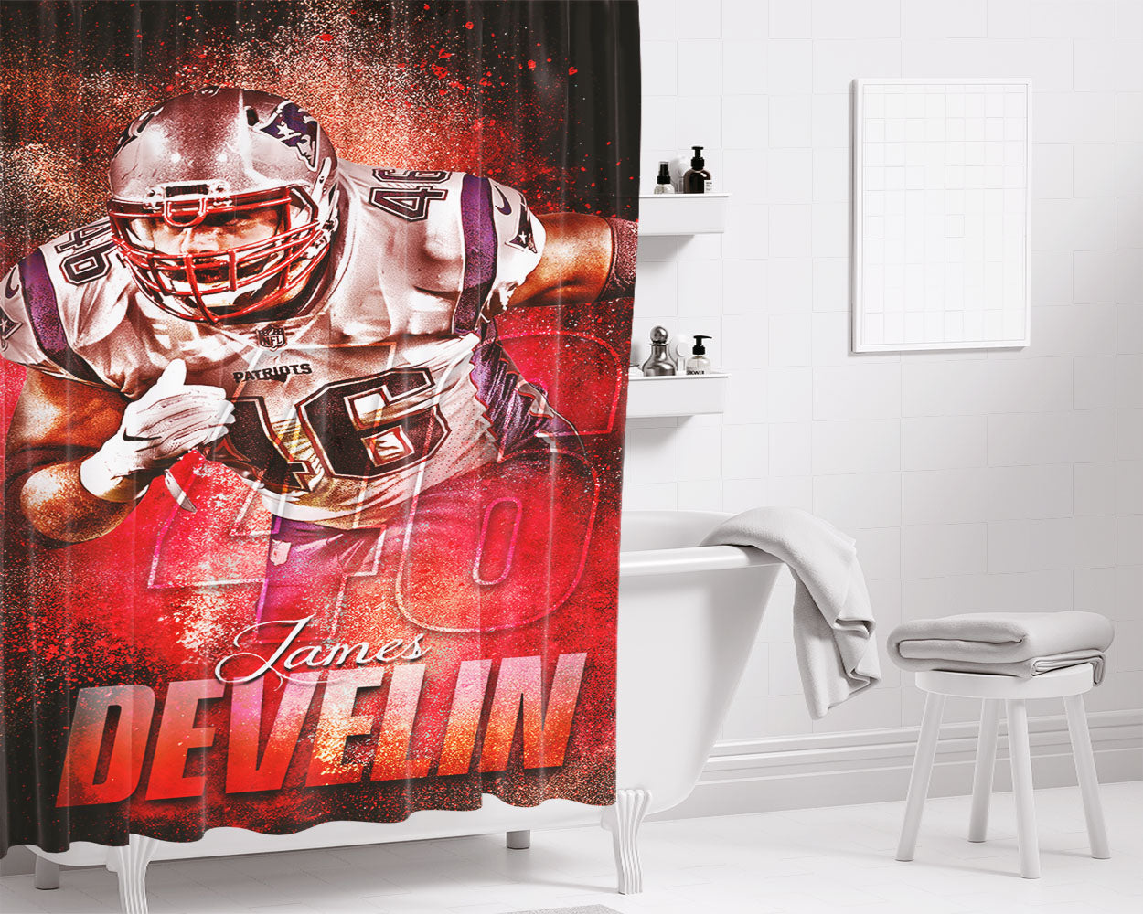 New England Patriots James Develin Bathroom Shower Curtain Fabric Waterproof | 66 X 72 Inch