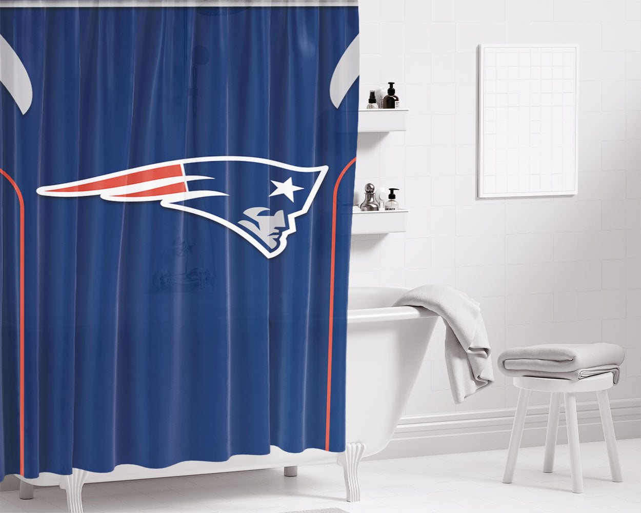 New England Patriots Jersey Blue Bathroom Shower Curtain Fabric Waterproof | 66 X 72 Inch