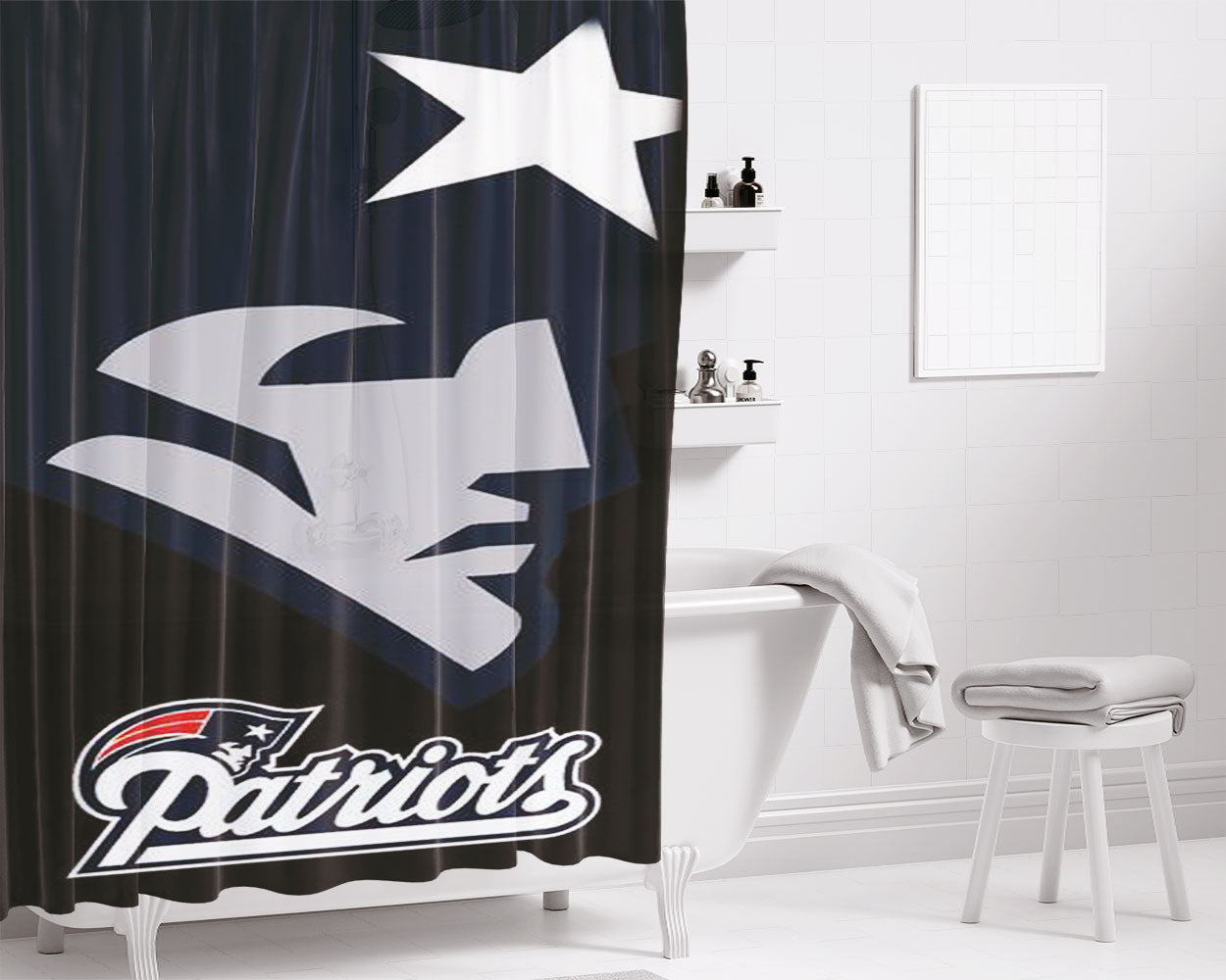 New England Patriots Logo Black Background Bathroom Shower Curtain Fabric Waterproof | 66 X 72 Inch