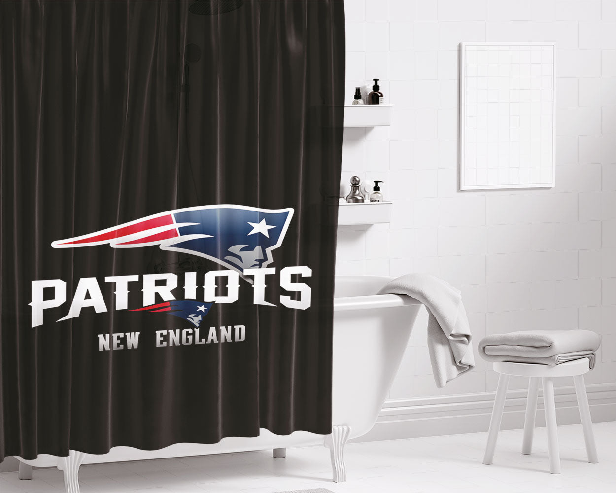 New England Patriots Logo Black Bathroom Shower Curtain Fabric Waterproof | 66 X 72 Inch