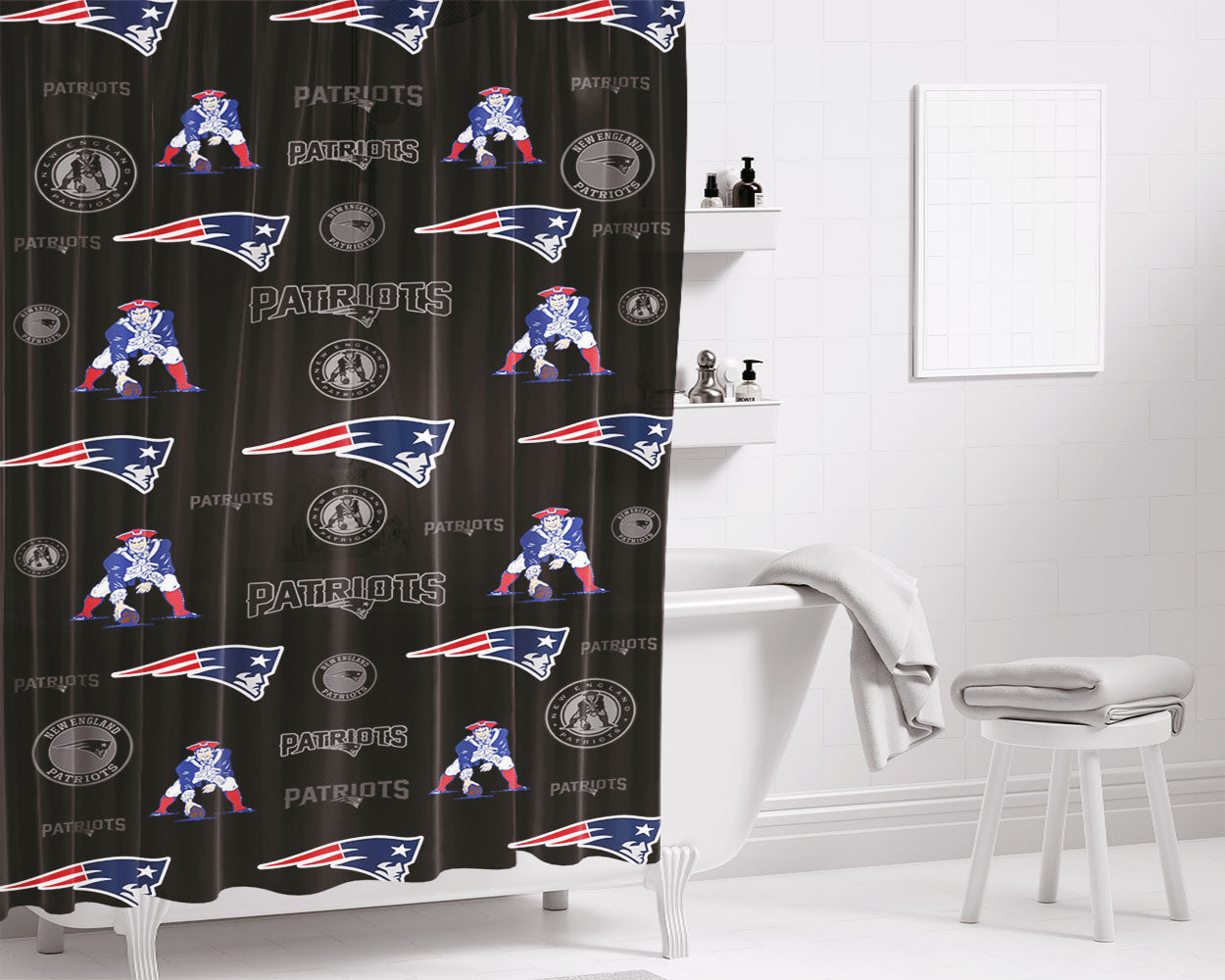 New England Patriots Logo Pattern Bathroom Shower Curtain Fabric Waterproof | 66 X 72 Inch