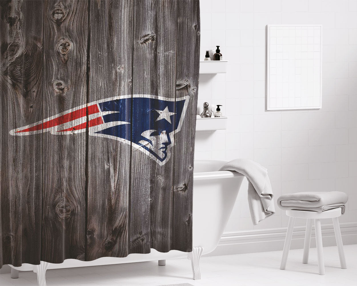 New England Patriots Nfl Logo Dark Wood Wallpaper Bathroom Shower Curtain Fabric Waterproof | 66 X 72 Inch