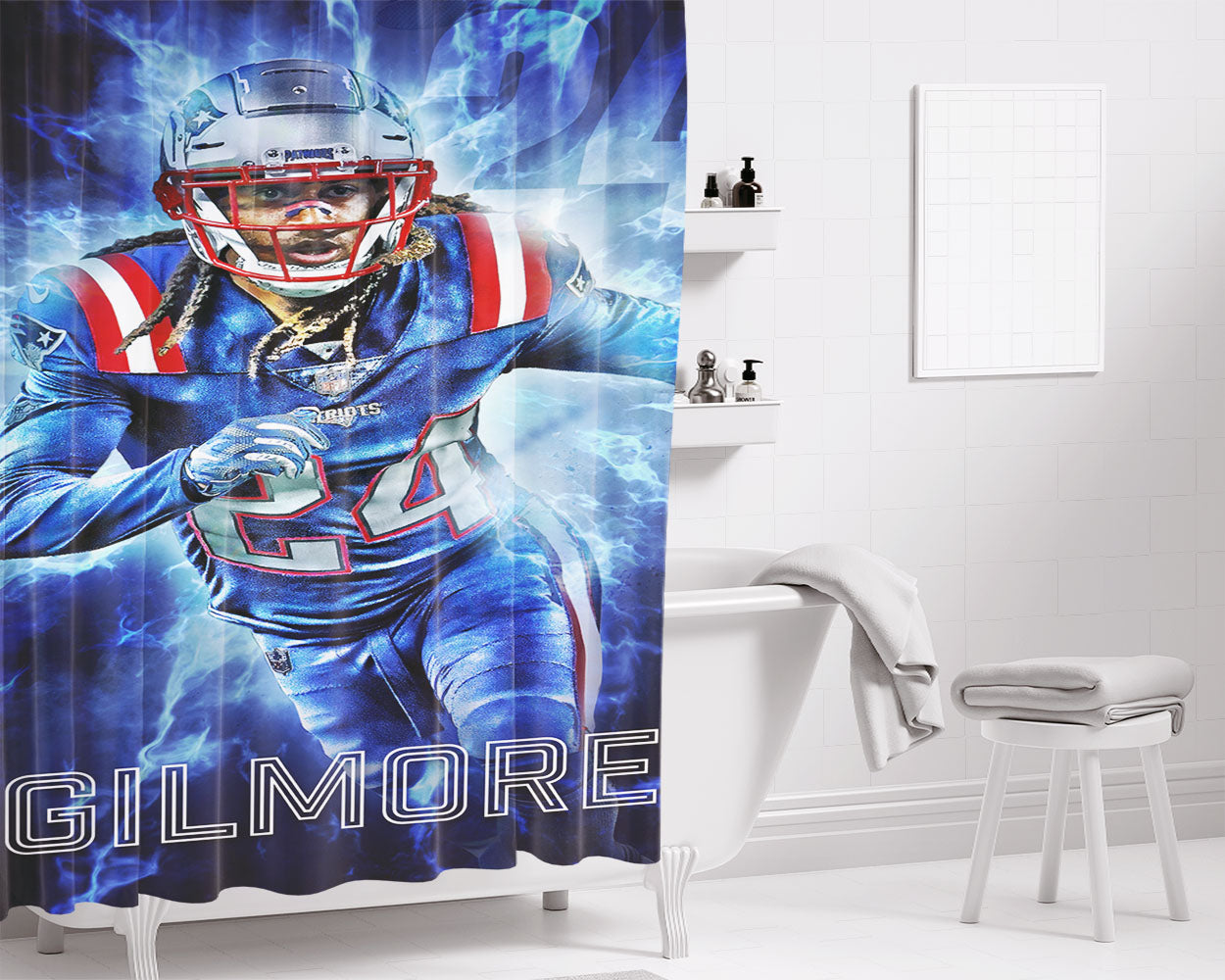 New England Patriots Stephon Gilmore 2 Bathroom Shower Curtain Fabric Waterproof | 66 X 72 Inch