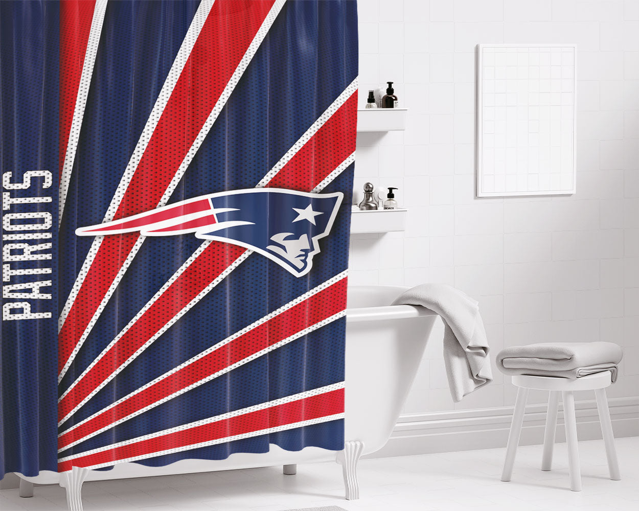 New England Patriots Stripe Wallpaper Bathroom Shower Curtain Fabric Waterproof | 66 X 72 Inch