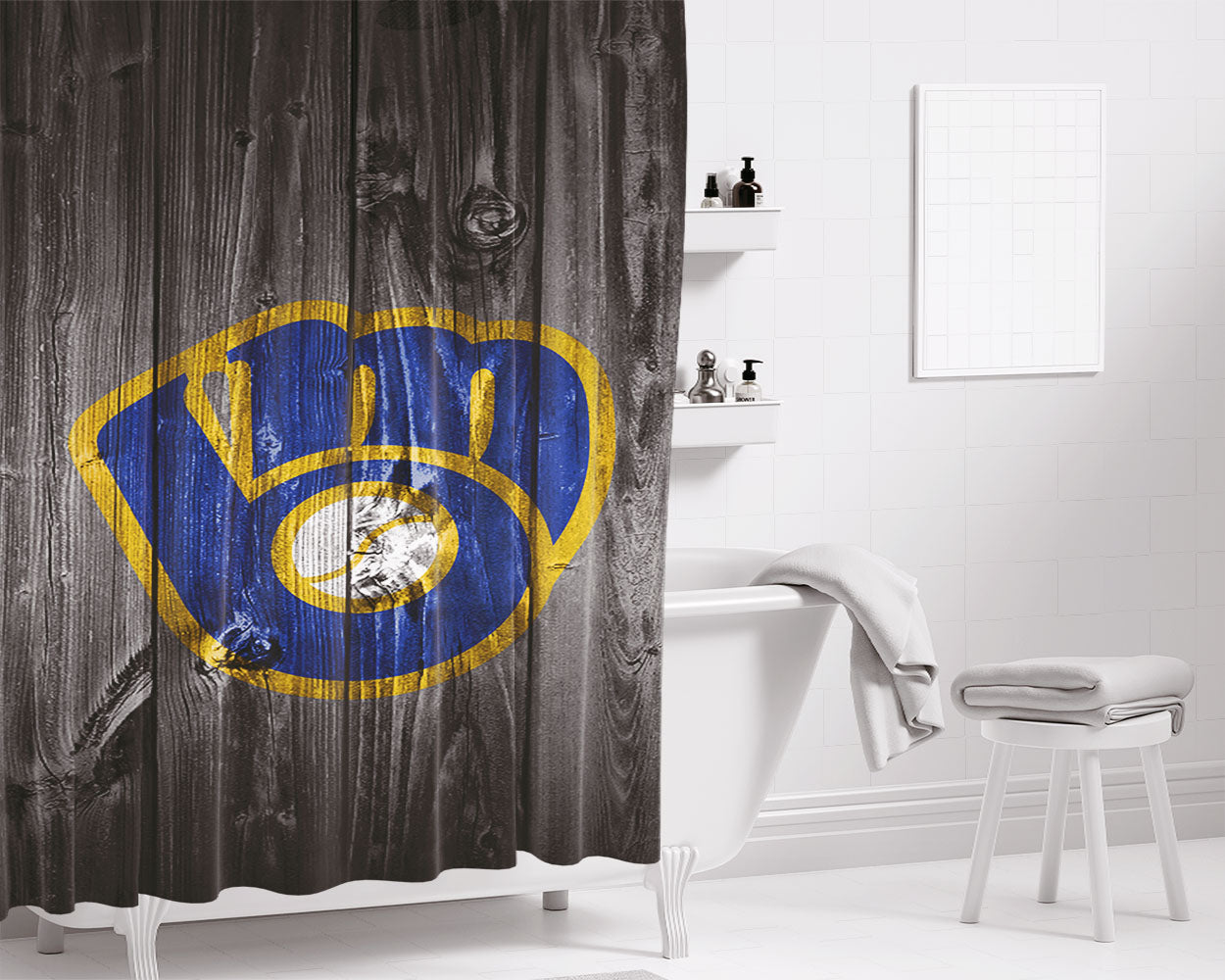 New Milwaukee Brewers Mlb Logo Dark Wood Wallpaper Bathroom Shower Curtain Fabric Waterproof | 66 X 72 Inch